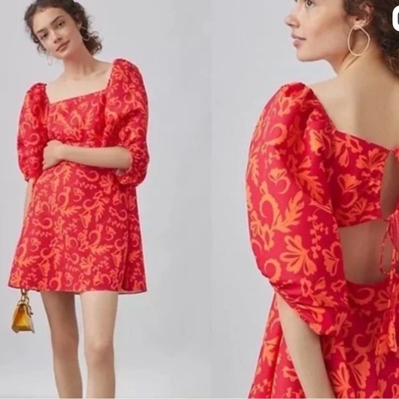Sachin + Babi Fuchsia and Tangerine Puffed Sleeve Mini Floral Dress - Picture 1 of 4